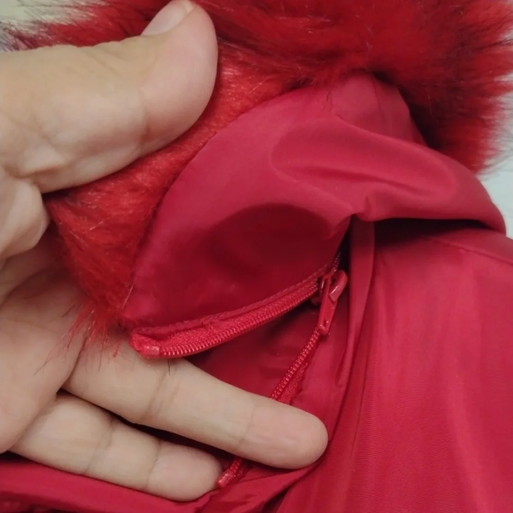 Dennis Basso Red Hooded Puffer Coat with Fur Trim - Picture 4 of 16